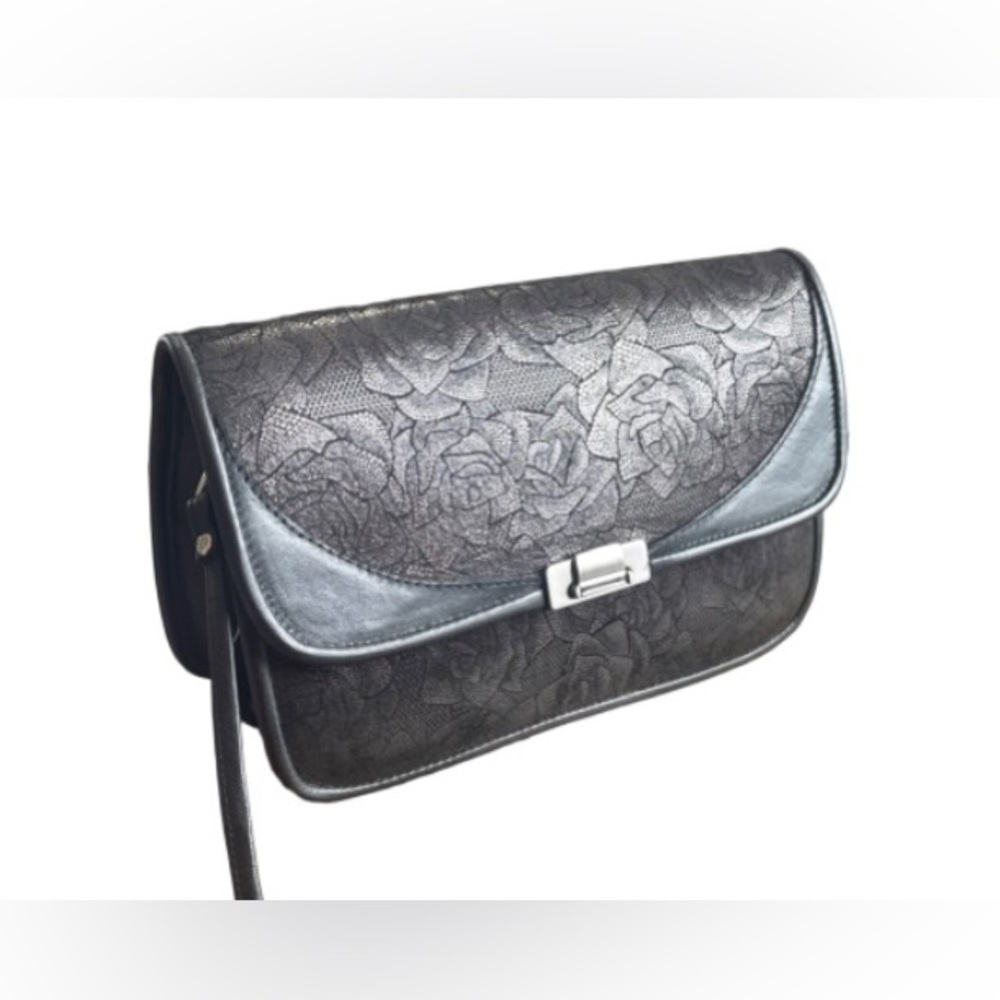 Roche leather custom signed Floral Embossed Black Leather Crossbody Bag